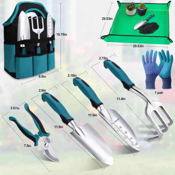 Kit de 7 Outils de Jardin + Gants et Sac – Alliage d’Aluminium Antirouille, Poignées Ergonomiques - Image 2